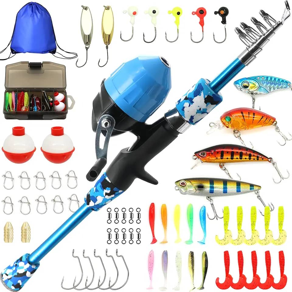 Kilitn Kit De Vara Pesca Infantil, Telescópica Arremesso Fácil E Carretilha Spincast, Conjunto Completo Com Bolsa Viagem, Para Meninos, Meninas, Jovens, Iniciantes (Camuflagem Azul 1,5 M 4,93 Pés)
