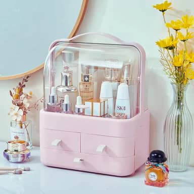 Porta Maquiagem e Organizador de Joias Multiuso – Acrílico Transparente com 3 Gavetas e Tampa Flip Top, Compartimentos para Cosméticos, Bijuterias e Acessórios, Rosa