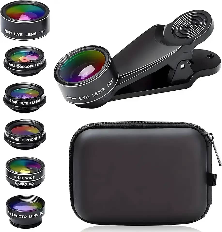 Kit de lentes de câmera de celular 7 em 1, para iPhone, para Samsung, para smartphone Android, clipe universal em grande angular + macro + lentes de câmera olho de peixe (preto)