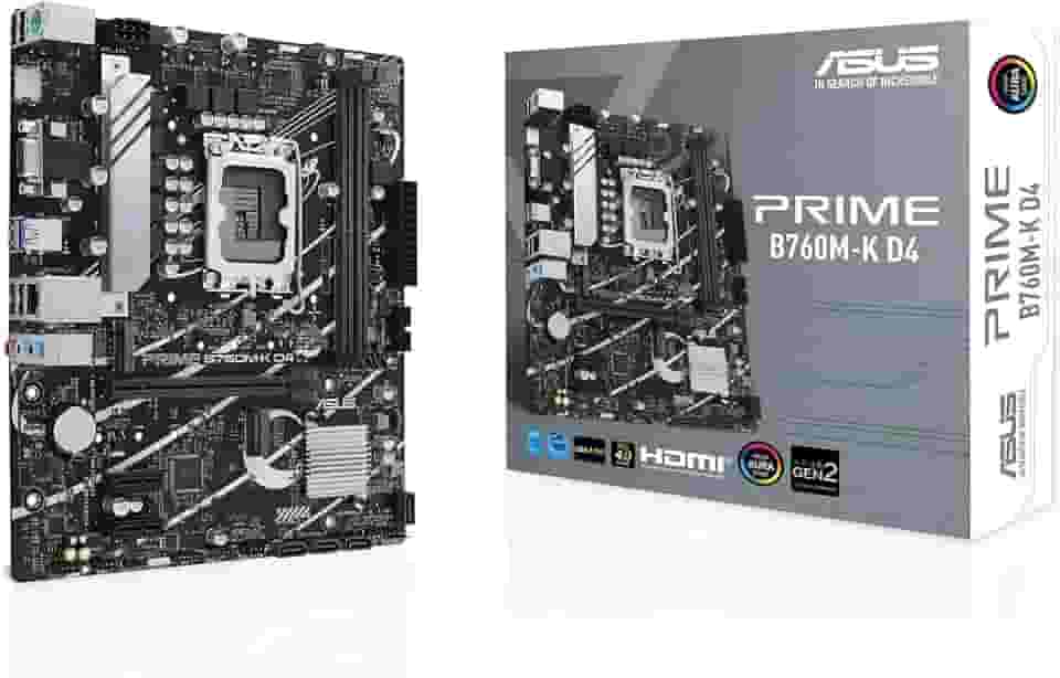 ASUS Placa-mãe PRIME B760M-K D4 Intel B760 LGA 1700 Micro-ATX (DDR4, PCIe 4.0, 2X PCIe 4.0 M.2, Realtek 2.5Gb Ethernet, VGA, HDMI, SATA 6Gbps, USB 3.2 Gen 1, Aura Sync RGB)