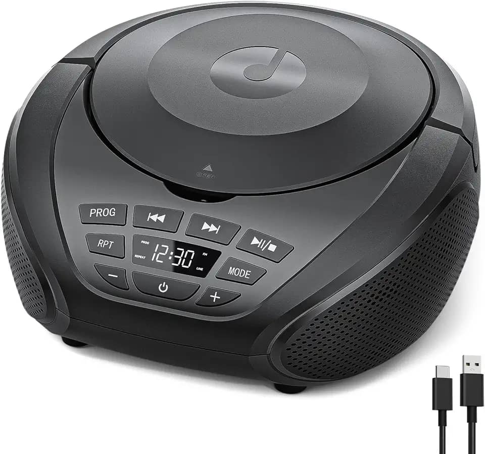 Gueray Boombox portátil para leitor de CD: Rádio CD Players Boombox com alto-falantes, rádio FM, entrada AUX, suporte para fones de ouvido, modo de lista de reprodução, reprodução PROG para
