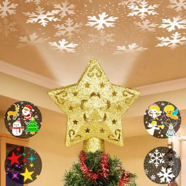 Lanzeyo Topo de árvore de Natal iluminado com 4 padrões projetados, projetor de enfeite de árvore de Natal embutido, estrelas douradas com glitter 3D para decoração de festa de Natal (estrela)