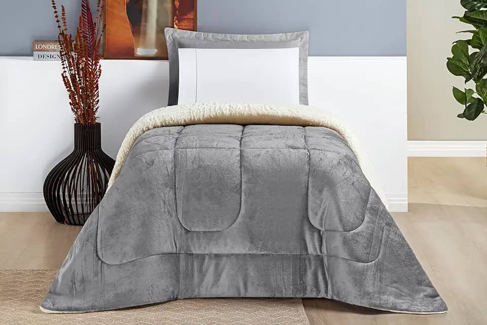 Coberdrom Solteiro Inverno Dupla Face Grosso Super Quentinho Manta & Sherpa (Cinza)