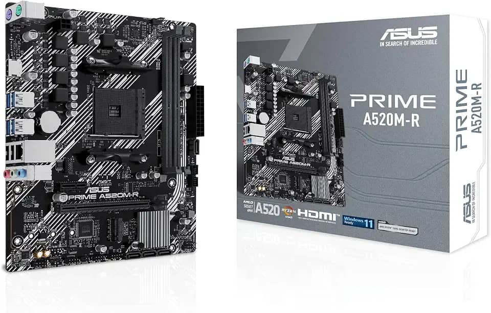 ASUS Placa-mãe Prime A520M-R AMD Ryzen AM4 mATX com suporte M.2, Realtek 1Gb Ethernet, HDMI, SATA 6Gbps, suporte USB 5Gbps traseiro e frontal, preto