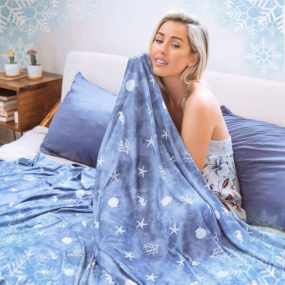 Cobertor refrescante com efeito frio de dupla face, tamanho Queen, leve, respirável, para o verão, com tema litorâneo grande para cama, transfere calor para manter o corpo fresco para suores noturnos ques; 228 cm x 228 cm
