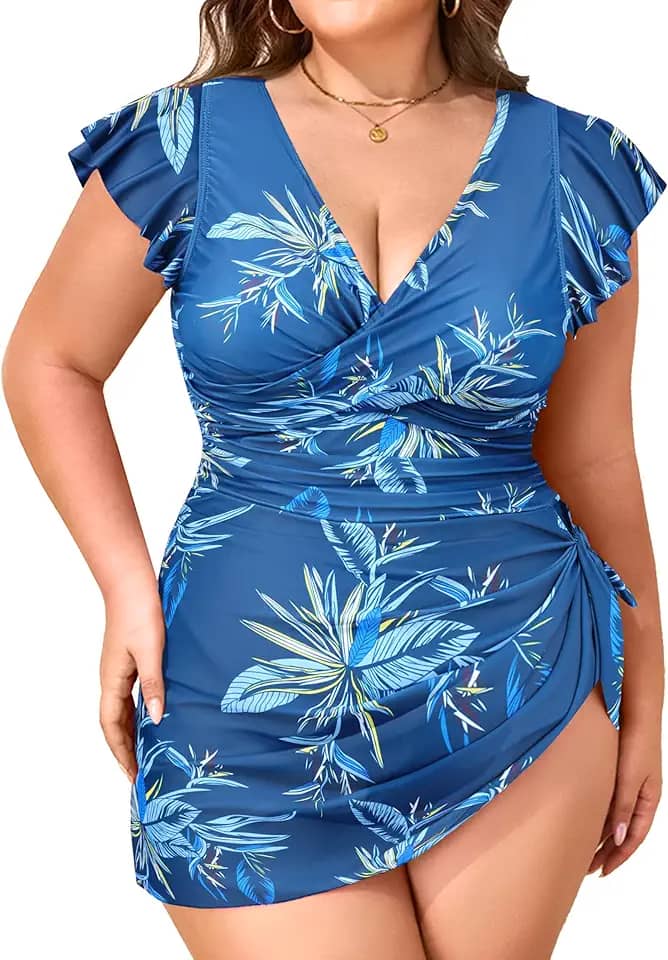 Maiô feminino plus size, peça única, modesto, controle de barriga, gola V, babados, roupa de banho