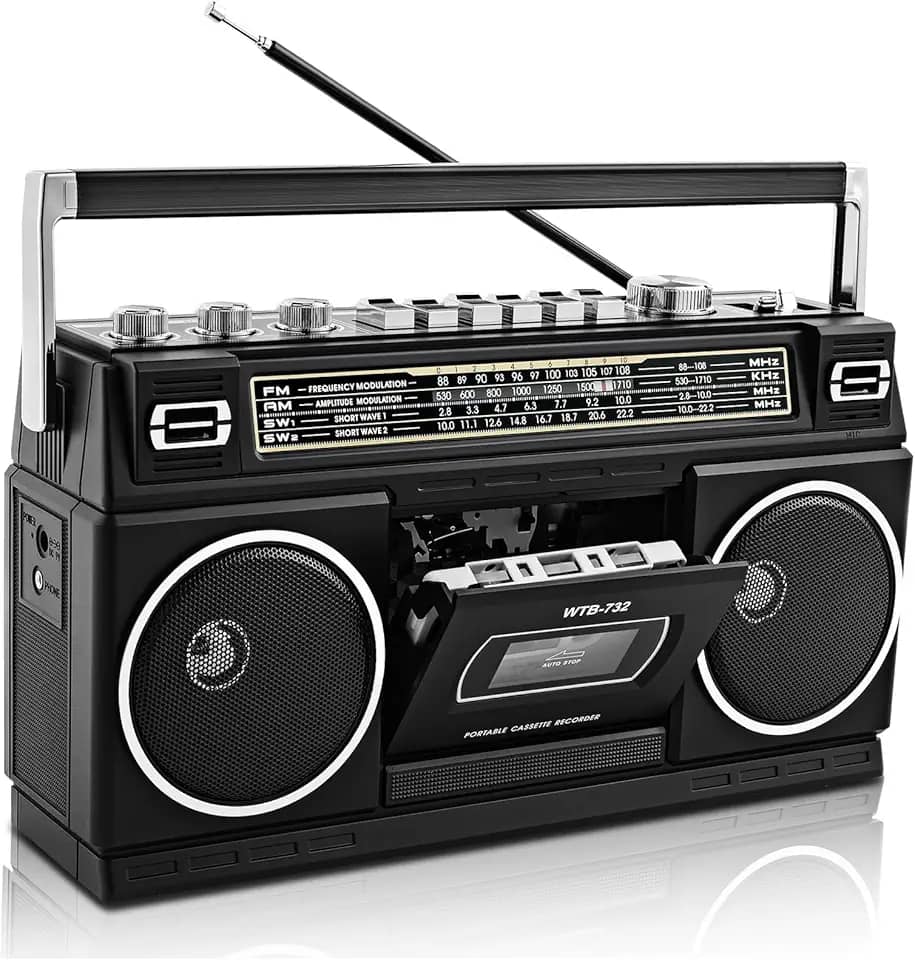 WISCENT Boombox vintage clássico dos anos 80, leitor de cassete com Bluetooth, rádio AM/FM/SW, alto-falantes estéreo de 24 W, compartimentos para cartão USB/SD, conector de fone de ouvido, preto