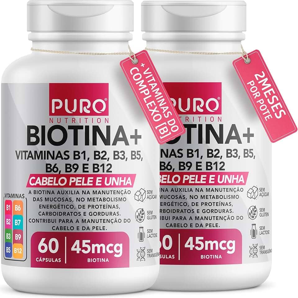 Kit 2 Biotina + Puro Nutrition Pele, Cabelo e Unhas, 45 mcg de Biotina por dose, Vitaminas B1, B2, B3, B5, B6, B9 e B12, 60 Cápsulas por Pote