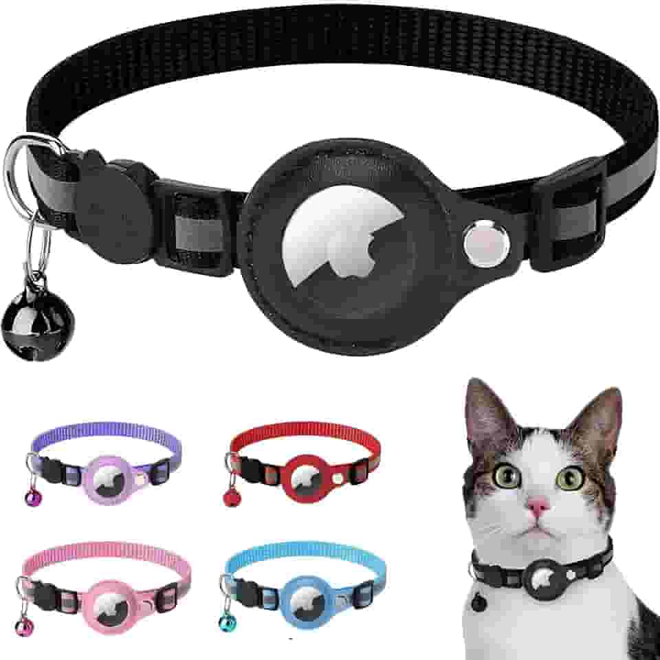 Coleira para gatos com suporte de airtag – Coleira refletiva ajustável para gatos com sino integrado, coleira de gatinho GPS, rastreador para meninas, meninos, gatos, filhotes (Rosa)