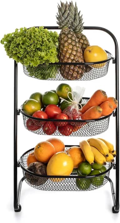 Metaltec Fruteira De Chão Em Aço Resistente Com Rodinhas Multiuso Carrinho Organizador 3 Cestos para Cozinha Reforçado - Preto