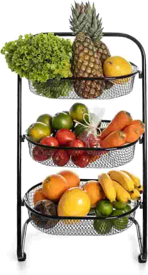 Metaltec Fruteira De Chão Em Aço Resistente Com Rodinhas Multiuso Carrinho Organizador 3 Cestos para Cozinha Reforçado - Preto