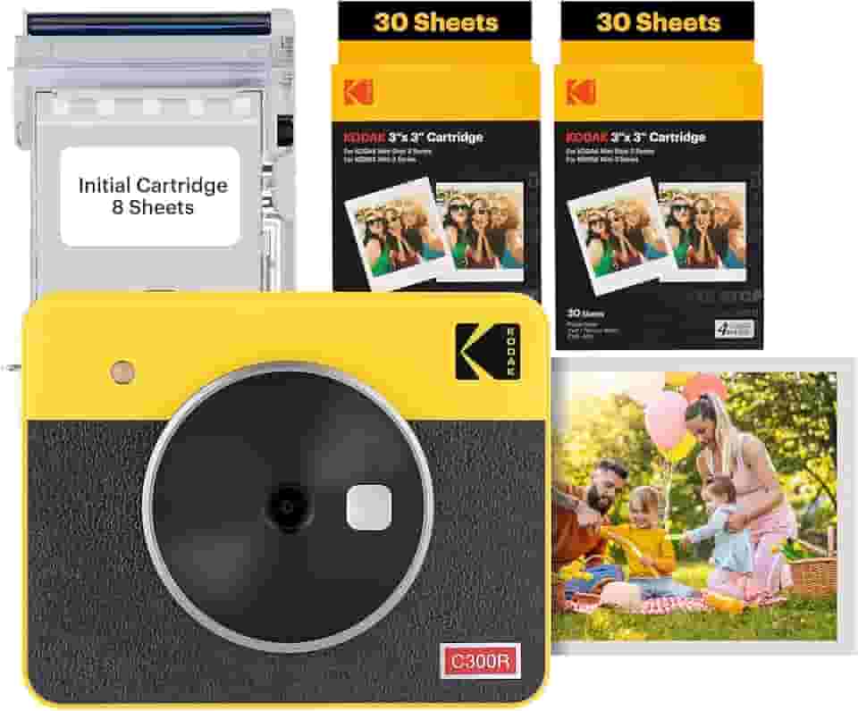 Kodak Mini Shot 3 Retro - Câmera Instantânea e Impressora Fotográfica 2 em 1 (60 folhas), foto 7,6 x 7,6 cm, compatível iOS e Android, Bluetooth,4PASS alta definição e acabamento laminado – Amarela