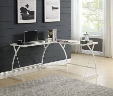 Escrivaninha de vidro em forma de L, mesa de console de escritório doméstico com moldura de metal, mesa de estudo, mesa de computador, penteadeira de maquiagem, estação de trabalho para pequenos