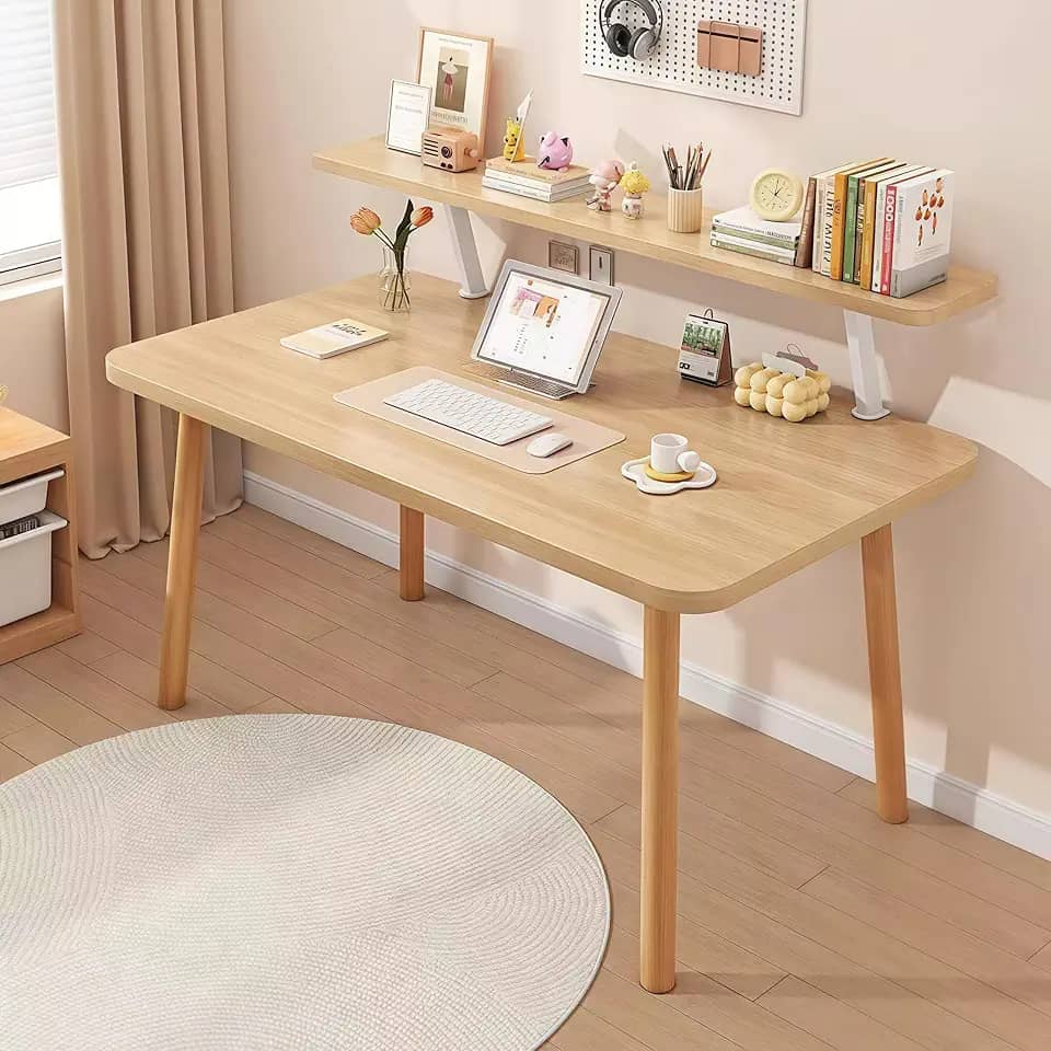 Mesa de madeira maciça para computador e escritório C99,4 × L 69,6 × A 74,5 centímetros, com estante (cor de madeira de faia)