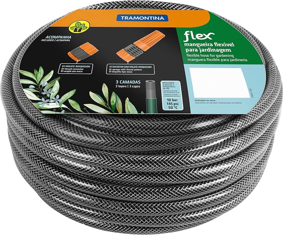 MANGUEIRA FLEX EM PVC PRETO PARA JARDIM, COM 25 METROS E COM ENGATES PLASTICOS