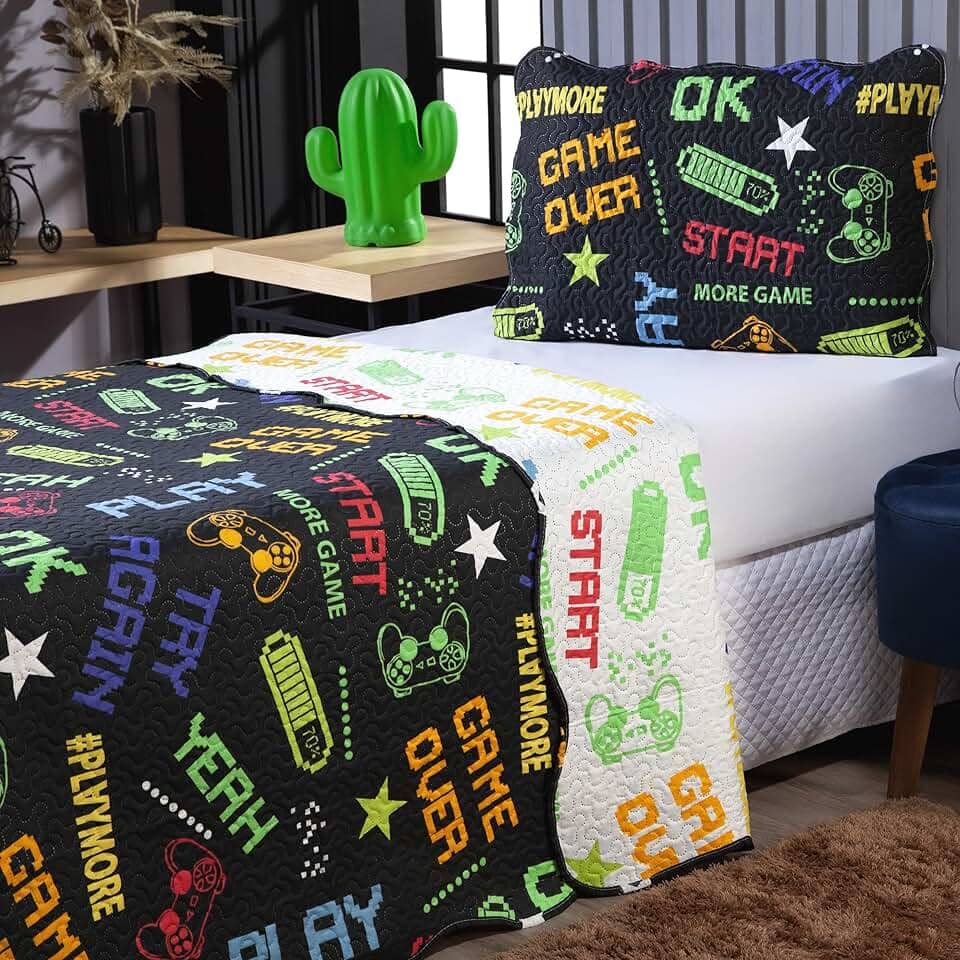 Colcha Dupla Face Estampada Solteiro – Kit Cobre Leito com 2 Peças, Colorido, Confortável e Fácil de Lavar (Solteiro, Game)