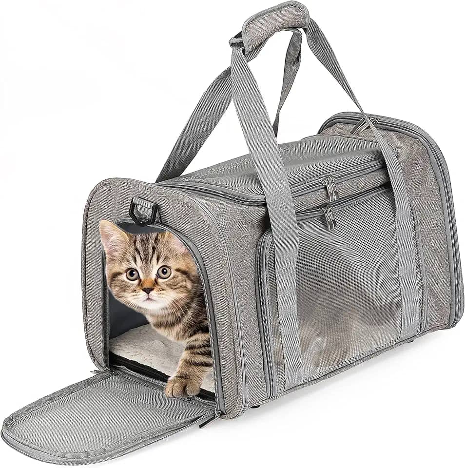 Bolsa Transporte Pet Avião Cabine até 14kg – Cinza, Dobrável com Tela Ventilada, Alças e Tapete Removível para Cães e Gatos