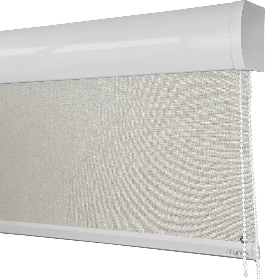 Cortina Persiana de Rolo, Rollon, rolô Blackout, black out, blacaute (Linho Natural - Acabamento Branco, 1,70 (lar) x 1,30 (alt) - COM BANDÔ)
