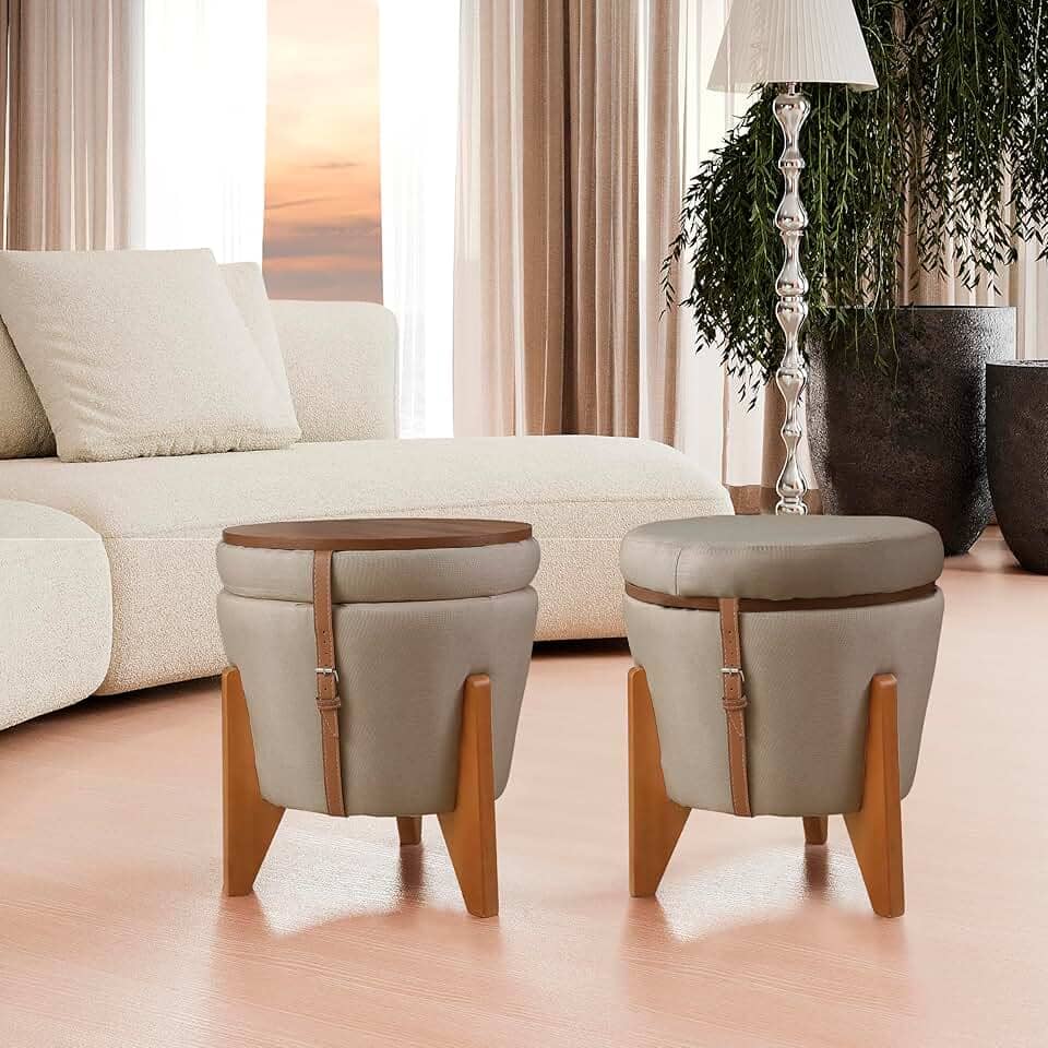 Puff Multiuso Luxo Assento Sala TV 3 em 1 Baú e Mesa de Centro (Bege)