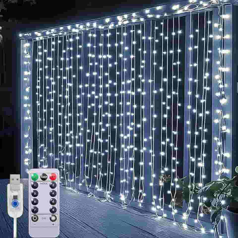Cortina Luz LED, 3x6M com 600 Lâmpadas LED, Interface USB com Controle Remoto, 8 Funções de Iluminação, À Prova D'Água para Decoração Festiva e Uso no Natal. (Luz Branca Fria)